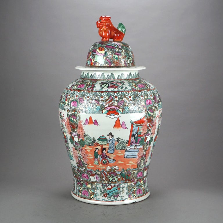 Oversized Chinese Rose Medallion Enameled Porcelain Figural Covered Urn 20thC