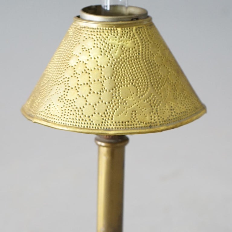Antique Pair Arts & Crafts Miniature Oil Lamps with Stamped Brass Shades C1900