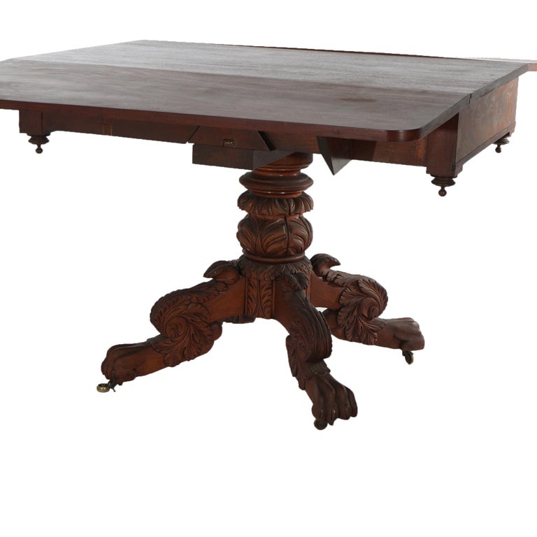 Antique Neoclassical American Empire Carved Flame Mahogany Drop Leaf Table c1880