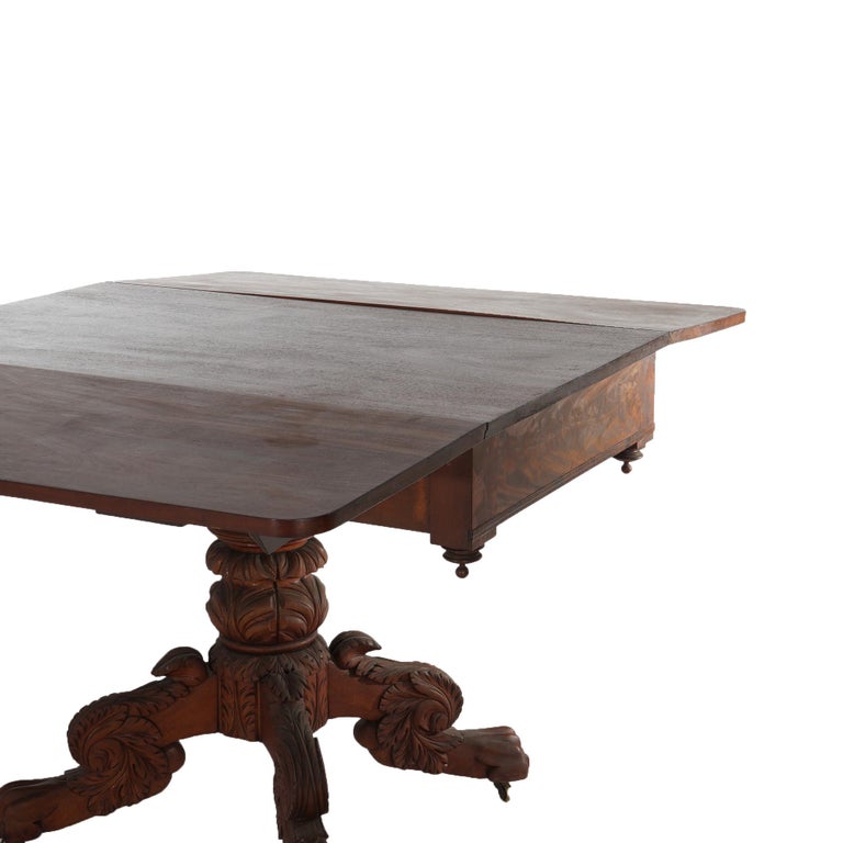 Antique Neoclassical American Empire Carved Flame Mahogany Drop Leaf Table c1880