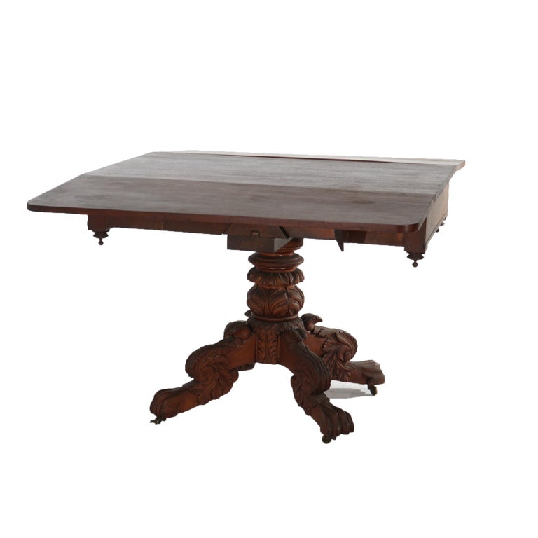 Antique Neoclassical American Empire Carved Flame Mahogany Drop Leaf Table c1880
