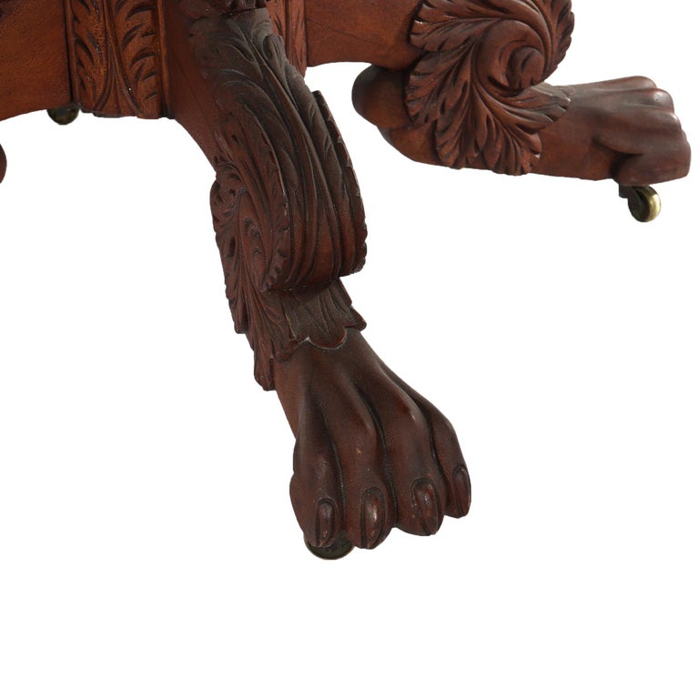 Antique Neoclassical American Empire Carved Flame Mahogany Drop Leaf Table c1880