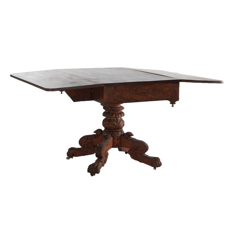 Antique Neoclassical American Empire Carved Flame Mahogany Drop Leaf Table c1880