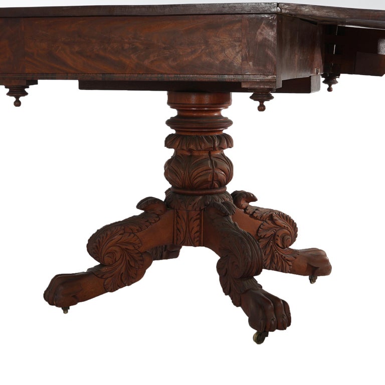 Antique Neoclassical American Empire Carved Flame Mahogany Drop Leaf Table c1880