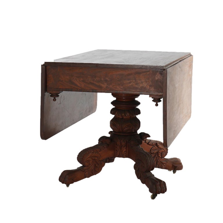 Antique Neoclassical American Empire Carved Flame Mahogany Drop Leaf Table c1880