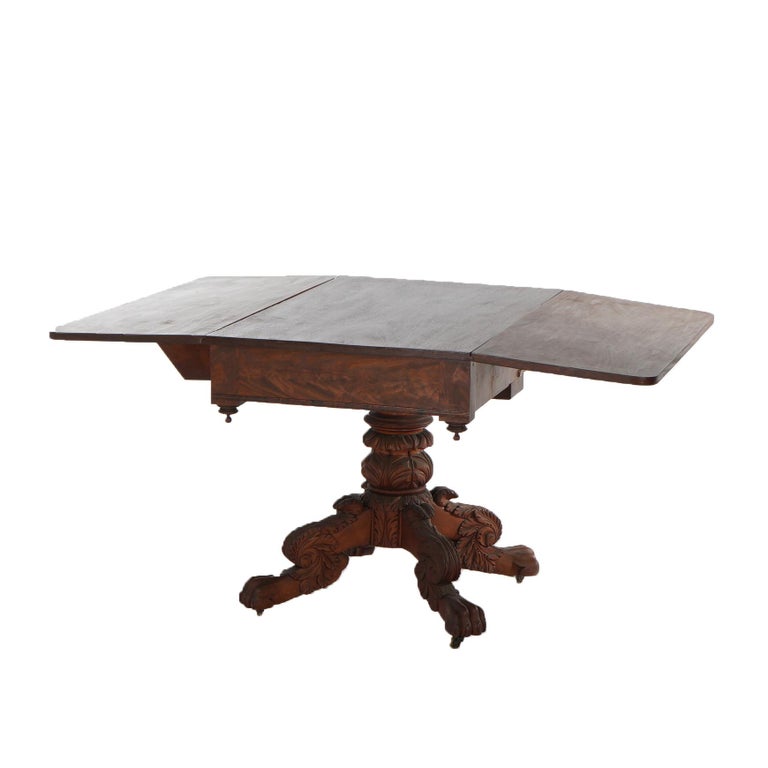 Antique Neoclassical American Empire Carved Flame Mahogany Drop Leaf Table c1880