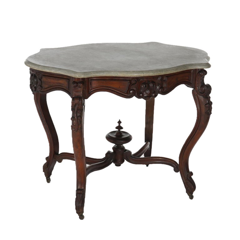 Antique Victorian Rococo Carved Walnut & Marble Top Parlor Table C1800