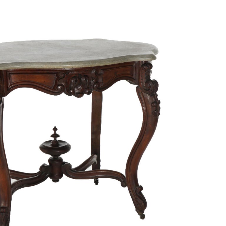 Antique Victorian Rococo Carved Walnut & Marble Top Parlor Table C1800