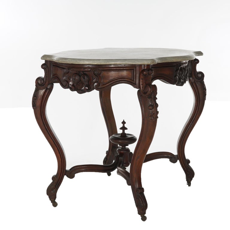Antique Victorian Rococo Carved Walnut & Marble Top Parlor Table C1800