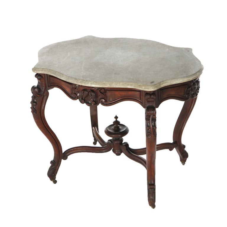 Antique Victorian Rococo Carved Walnut & Marble Top Parlor Table C1800