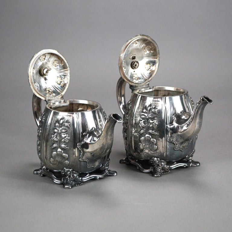 Two Antique English Sheffield Silver Plated Tea Pots with Garden Elements C1890