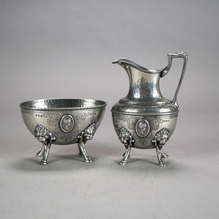 Two Piece Antique Figural Clawfoot Silver Plated Tea Set C1890