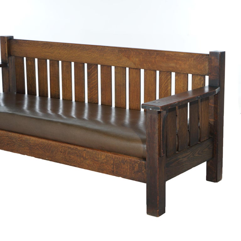 Arts & Crafts JM Young Mission Oak Slat-Back Settle with Cushion, C1910