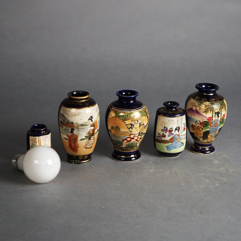 Five Antique Japanese Blue Satsuma Porcelain Miniature Vases, Genre Scenes C1920