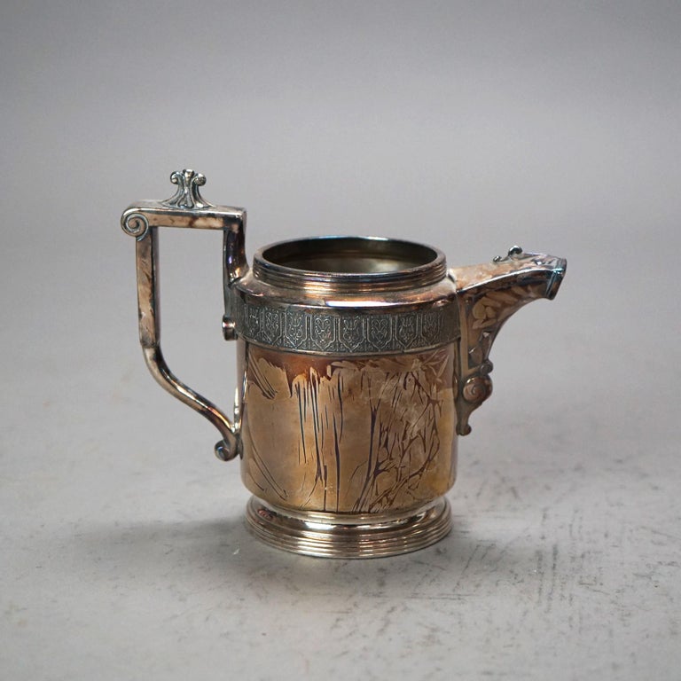 Six Piece Antique Silver Plated Engraved Tea Set C1890