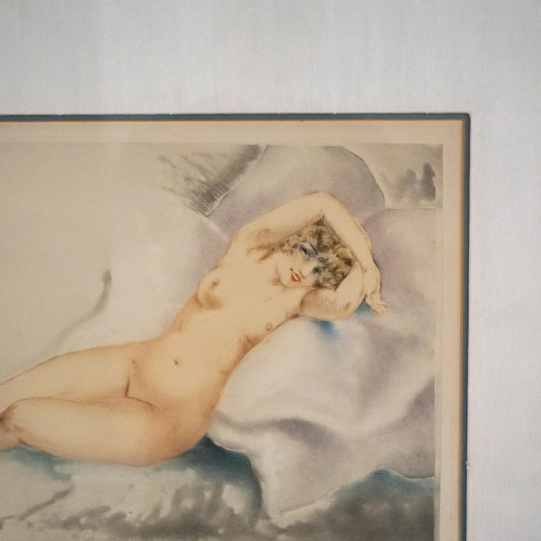 Antique Louis Icart Etching Of Reclining Nude Woman Signed C1920