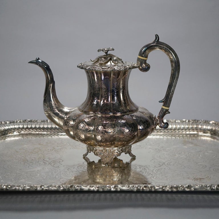 Antique English Silver Plate Four Piece Tea Set with Tray 19th C