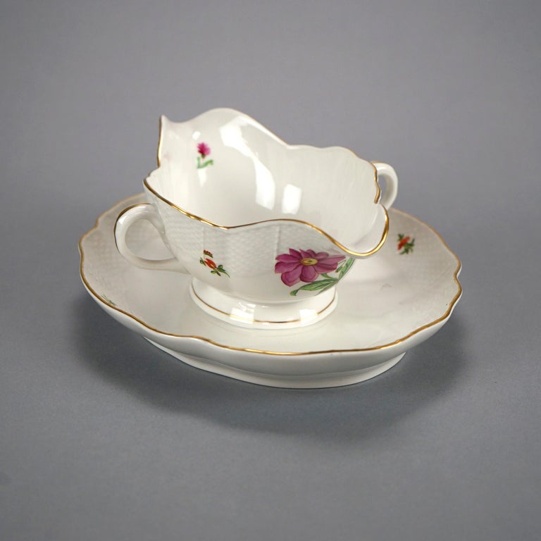Herend Porcelain Double Handled Gravy Sauce Boat with Painted Flowers, 20th C