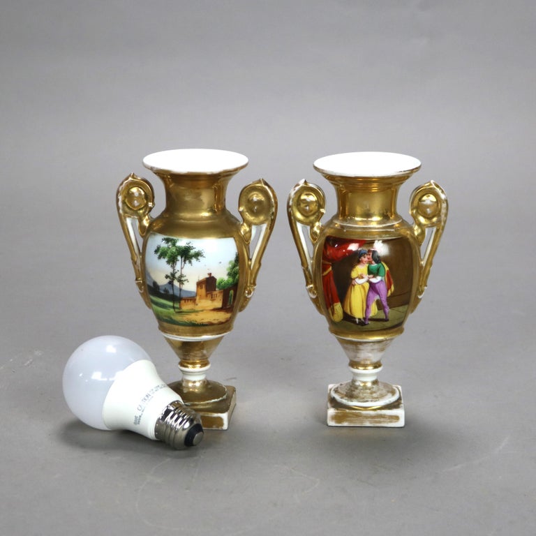 Pair of Antique Meissen School Porcelain Vases with Figures & Landscape Scenes