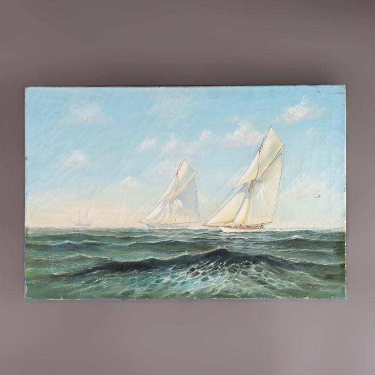 Vintage Oil on Canvas Seascape with Clipper Ships Signed F. Tordoff c1940