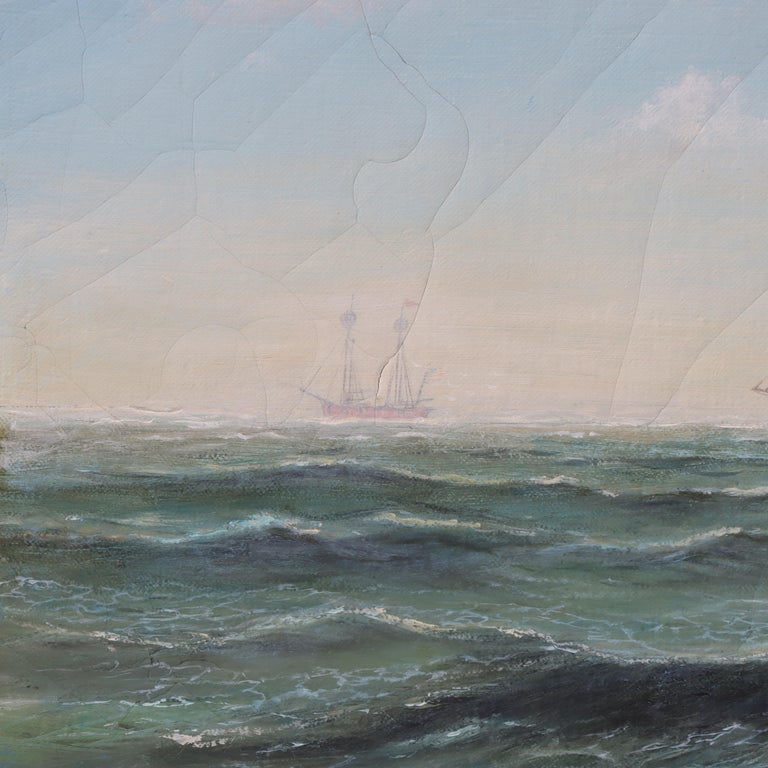 Vintage Oil on Canvas Seascape with Clipper Ships Signed F. Tordoff c1940