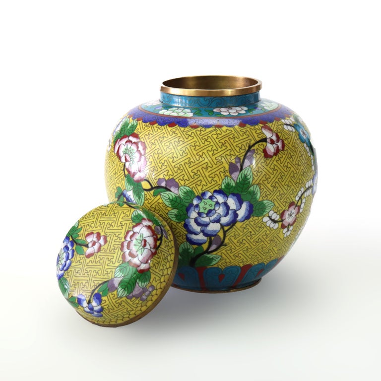 Antique Chinese Floral Cloisonne Enameled & Lidded Ginger Jar c1920