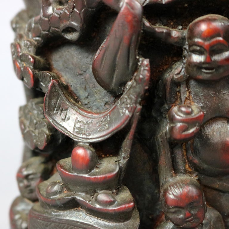 Antique Chinese Carved-In-Relief Resin Libation Cup, Genre Scene, 20th Century
