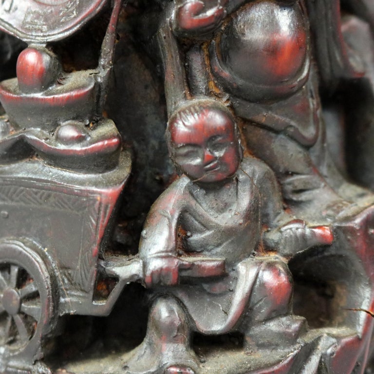 Antique Chinese Carved-In-Relief Resin Libation Cup, Genre Scene, 20th Century