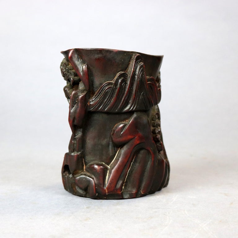 Antique Chinese Carved-In-Relief Resin Libation Cup, Genre Scene, 20th Century