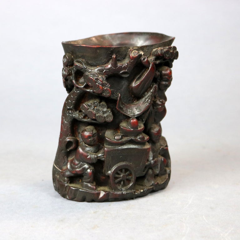 Antique Chinese Carved-In-Relief Resin Libation Cup, Genre Scene, 20th Century