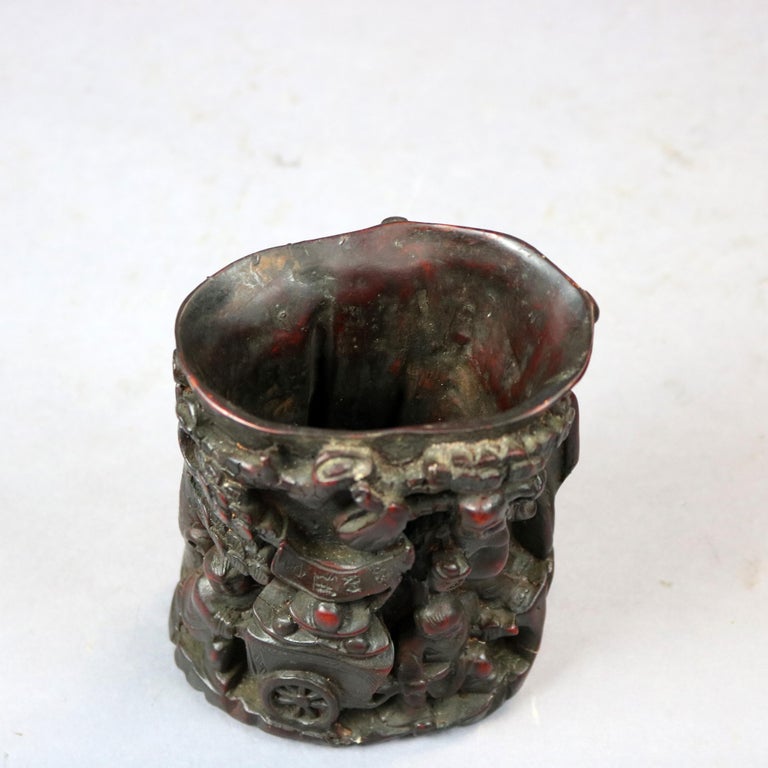 Antique Chinese Carved-In-Relief Resin Libation Cup, Genre Scene, 20th Century