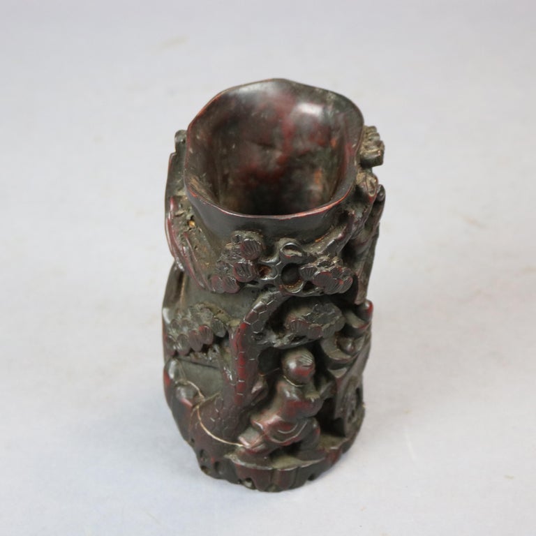 Antique Chinese Carved-In-Relief Resin Libation Cup, Genre Scene, 20th Century