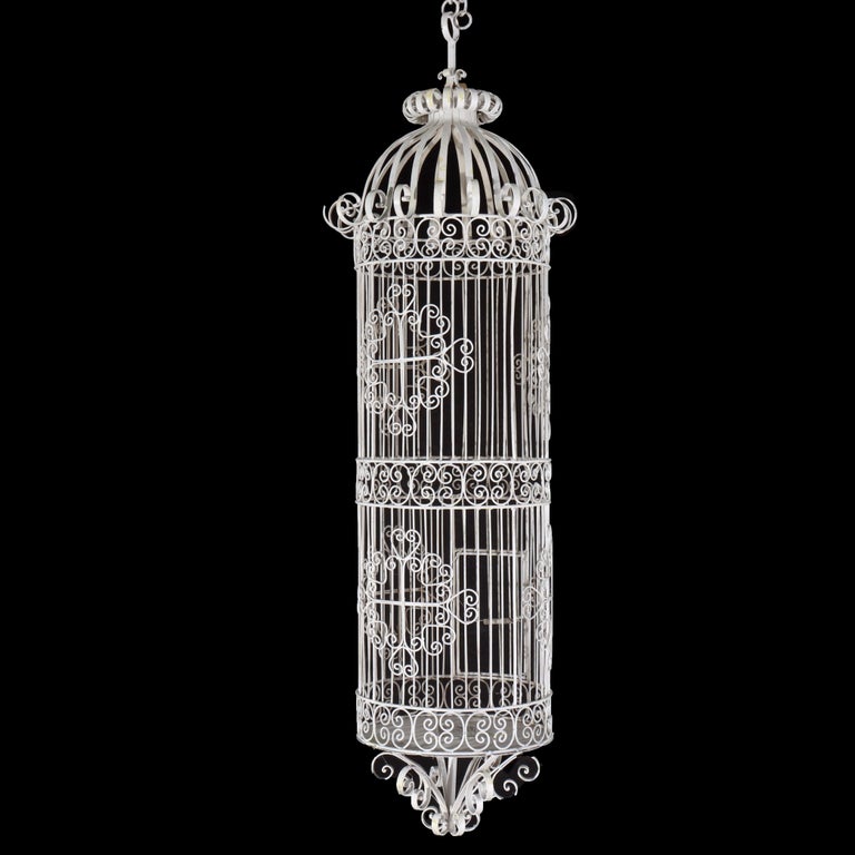 Victorian Wire Hanging Garden Birdcage, White Painted, C1900