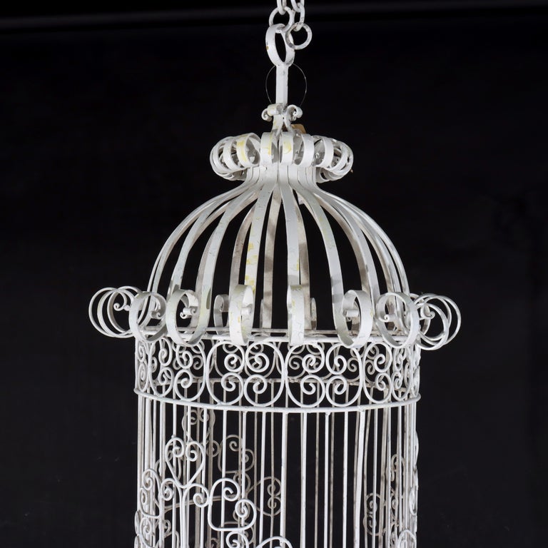 Victorian Wire Hanging Garden Birdcage, White Painted, C1900