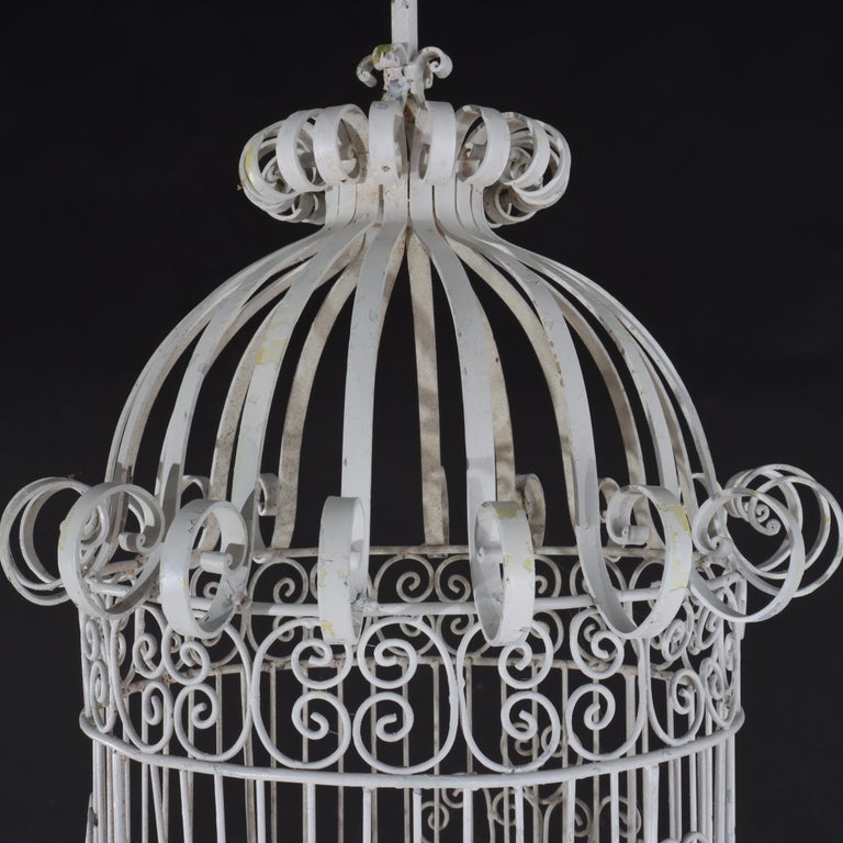 Victorian Wire Hanging Garden Birdcage, White Painted, C1900
