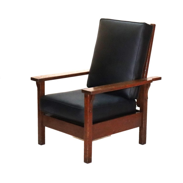 Pair Antique Gustav Stickley Arts & Crafts Mission Oak Morris Chair Signed c1910