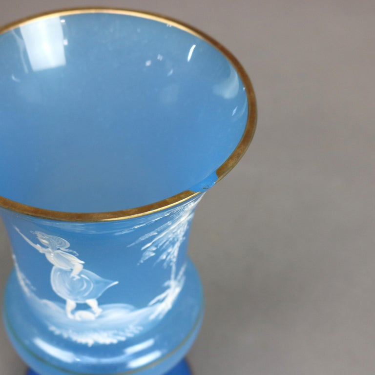 Pair of Antique Mary Gregory Victorian Hand Painted Blue Glass Vases