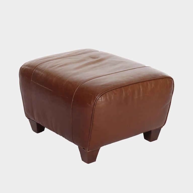 Two Piece Vintage Leather Club Armchair & Ottoman Set by Pottery Barn 20thC