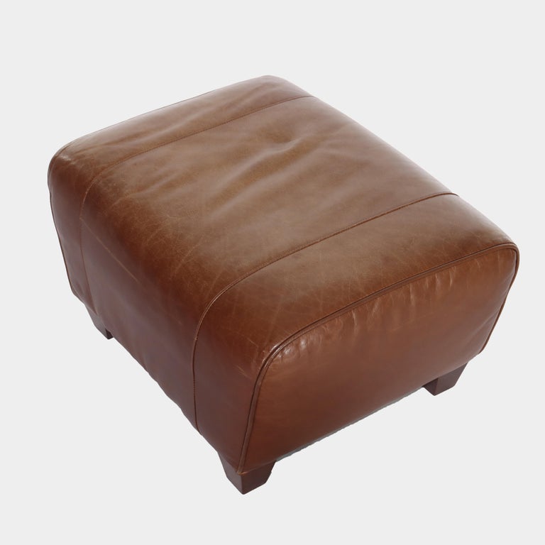 Two Piece Vintage Leather Club Armchair & Ottoman Set by Pottery Barn 20thC