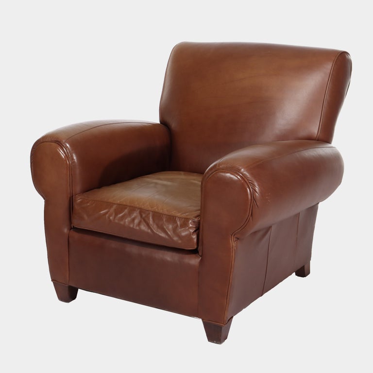 Two Piece Vintage Leather Club Armchair & Ottoman Set by Pottery Barn 20thC