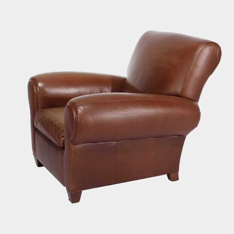 Two Piece Vintage Leather Club Armchair & Ottoman Set by Pottery Barn 20thC
