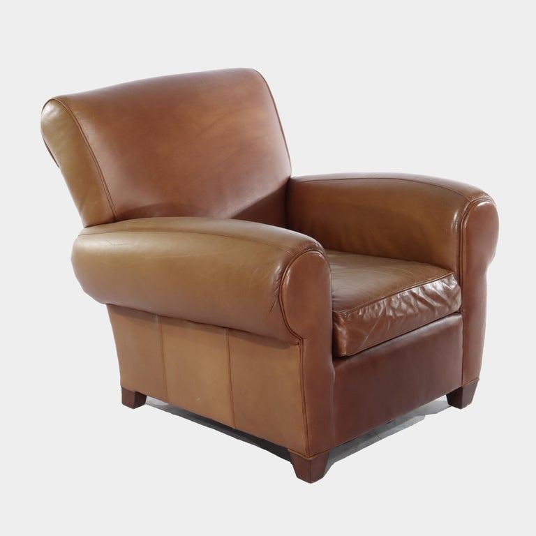 Two Piece Vintage Leather Club Armchair & Ottoman Set by Pottery Barn 20thC