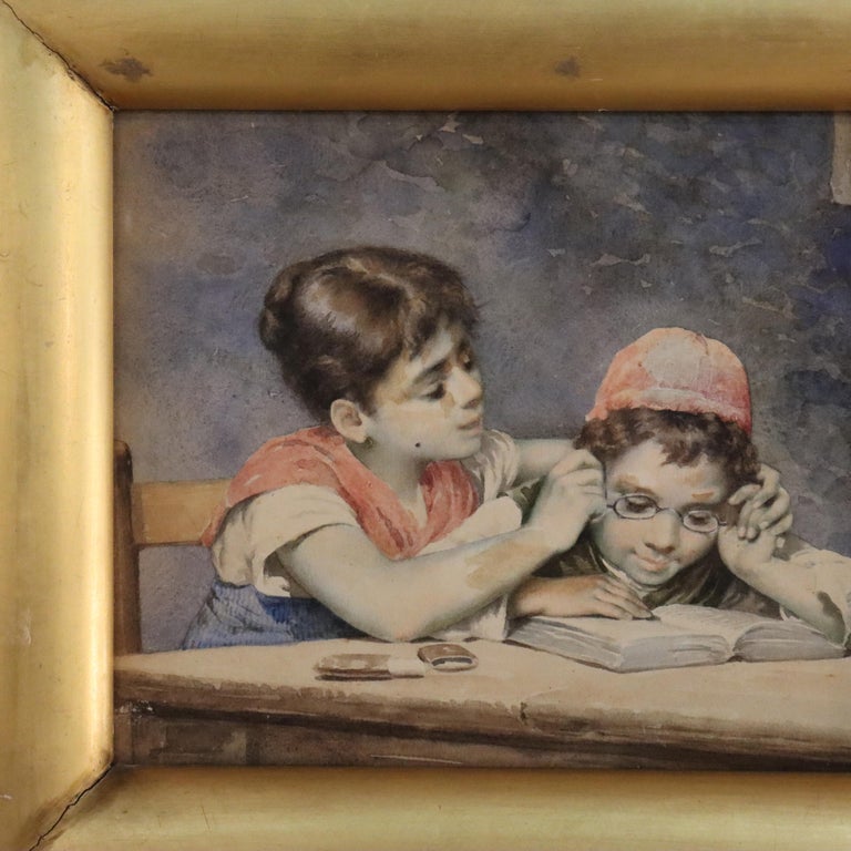 Antique Watercolor on Paper of Two Children C1910