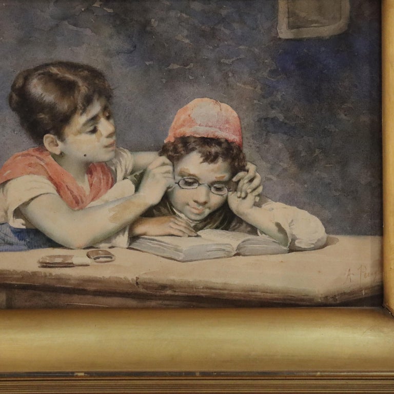 Antique Watercolor on Paper of Two Children C1910