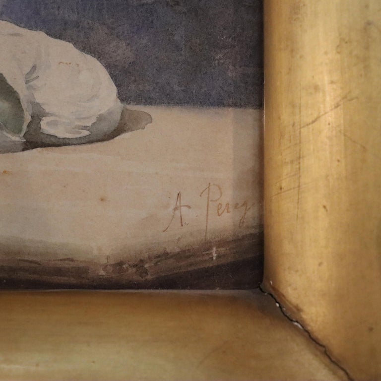 Antique Watercolor on Paper of Two Children C1910