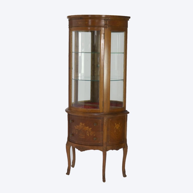 Antique French Louis XV Mahogany & Satinwood Vitrine with Floral Marquetry C1890