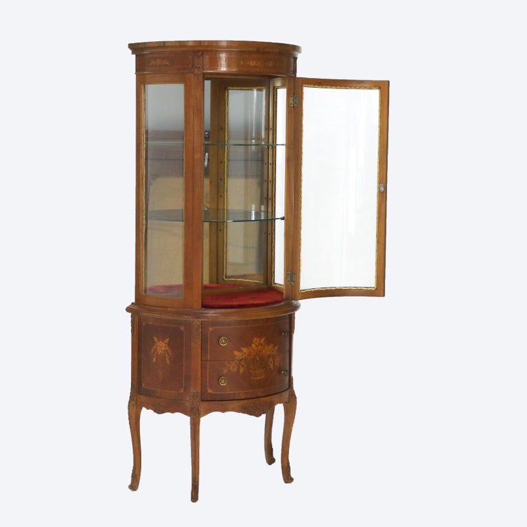 Antique French Louis XV Mahogany & Satinwood Vitrine with Floral Marquetry C1890