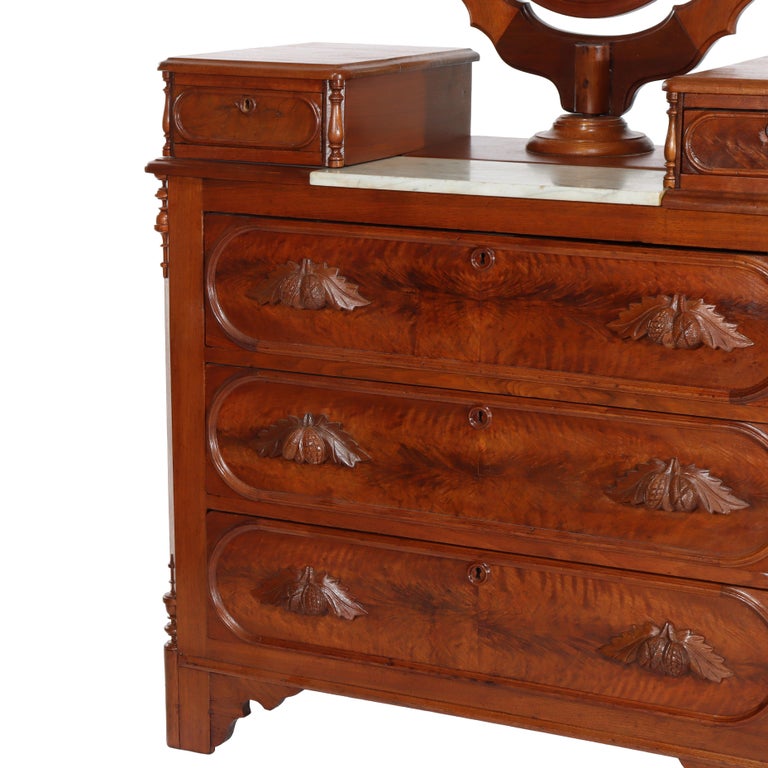Renaissance Revival Mirrored Drop Center Walnut & Marble Dresser C1890