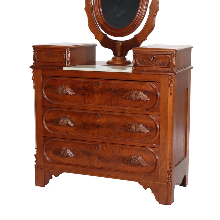 Renaissance Revival Mirrored Drop Center Walnut & Marble Dresser C1890