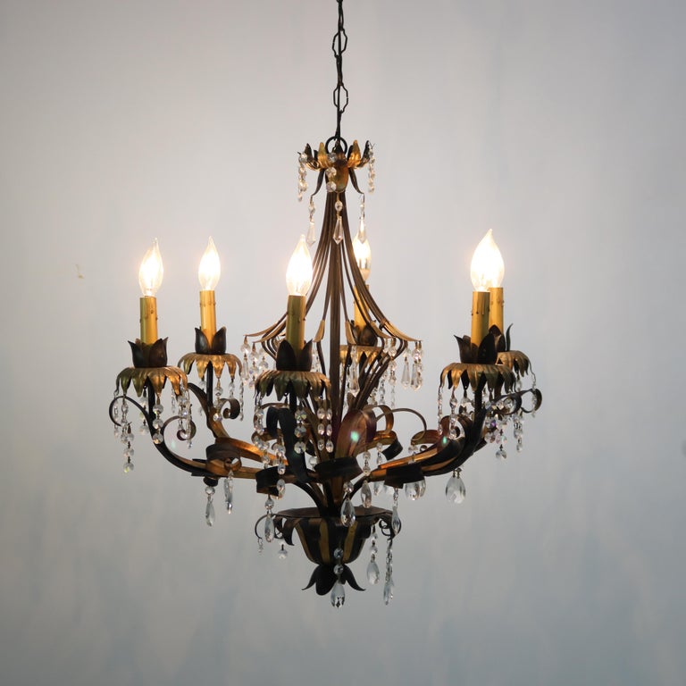 Vintage Ebonized & Gold Gilt Six-Light Foliate Form Crystal Chandelier C1940
